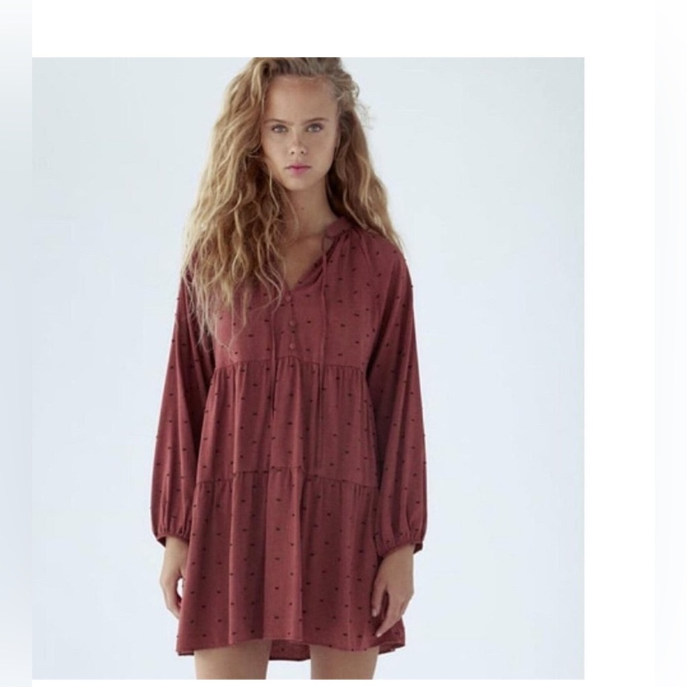 Women’s ZARA maroon black Swiss dot tiered mini babydoll dress size XS